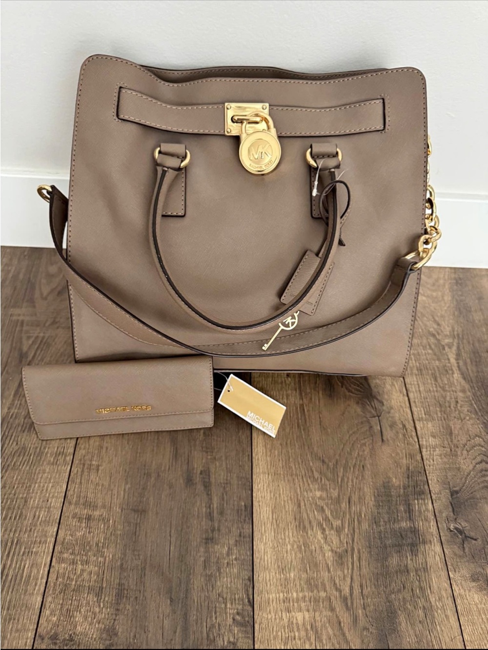 Vintage Michael Kors Taupe Saffiano Leather Satchel with Matching Wallet.